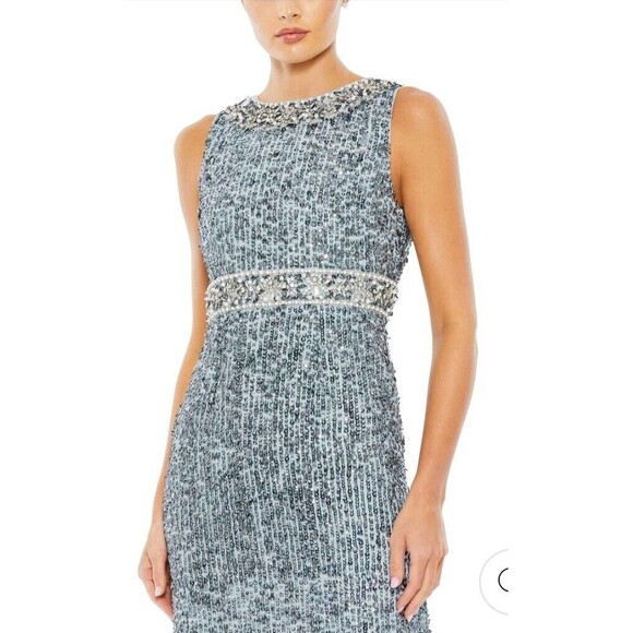 MAC DUGGAL 10839 Slate Blue Sequined Sleeveless Embellished Neckline Gown (12) - Picture 3 of 12